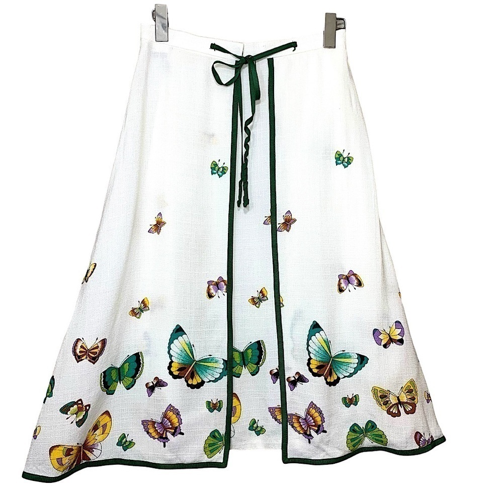 Retro Ivory A Line Wrap Skirt Paneled Sz 26" Waist Colorful Butterfly Printed